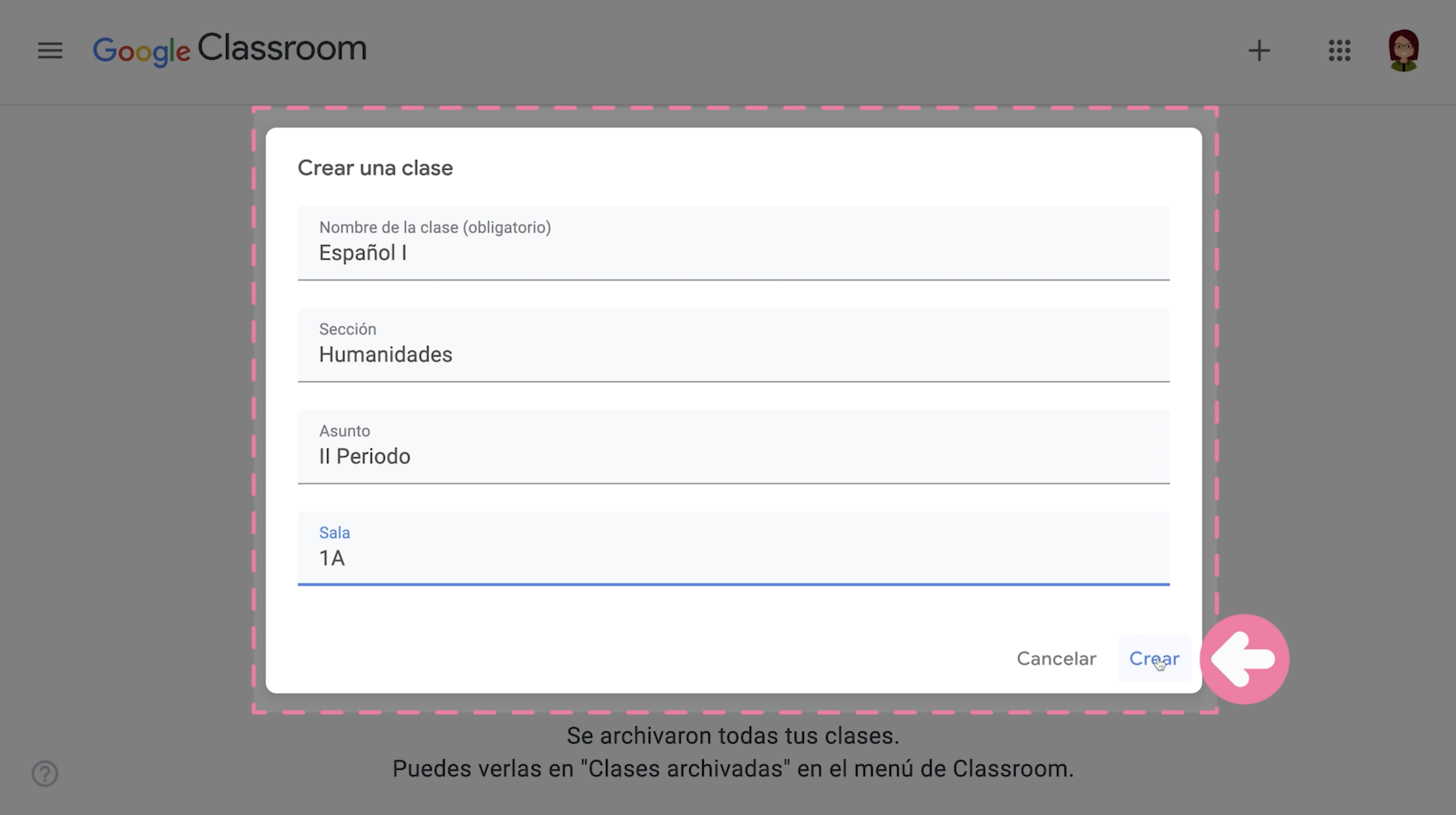 Ingresar datos de clase y hacer clic en botón Crear para construir clase en Google Classroom